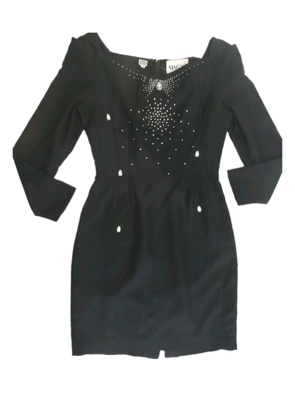 Vintage Magali Collection 100 % Silk Black Pencil Dress Beaded Decorations Sz 10